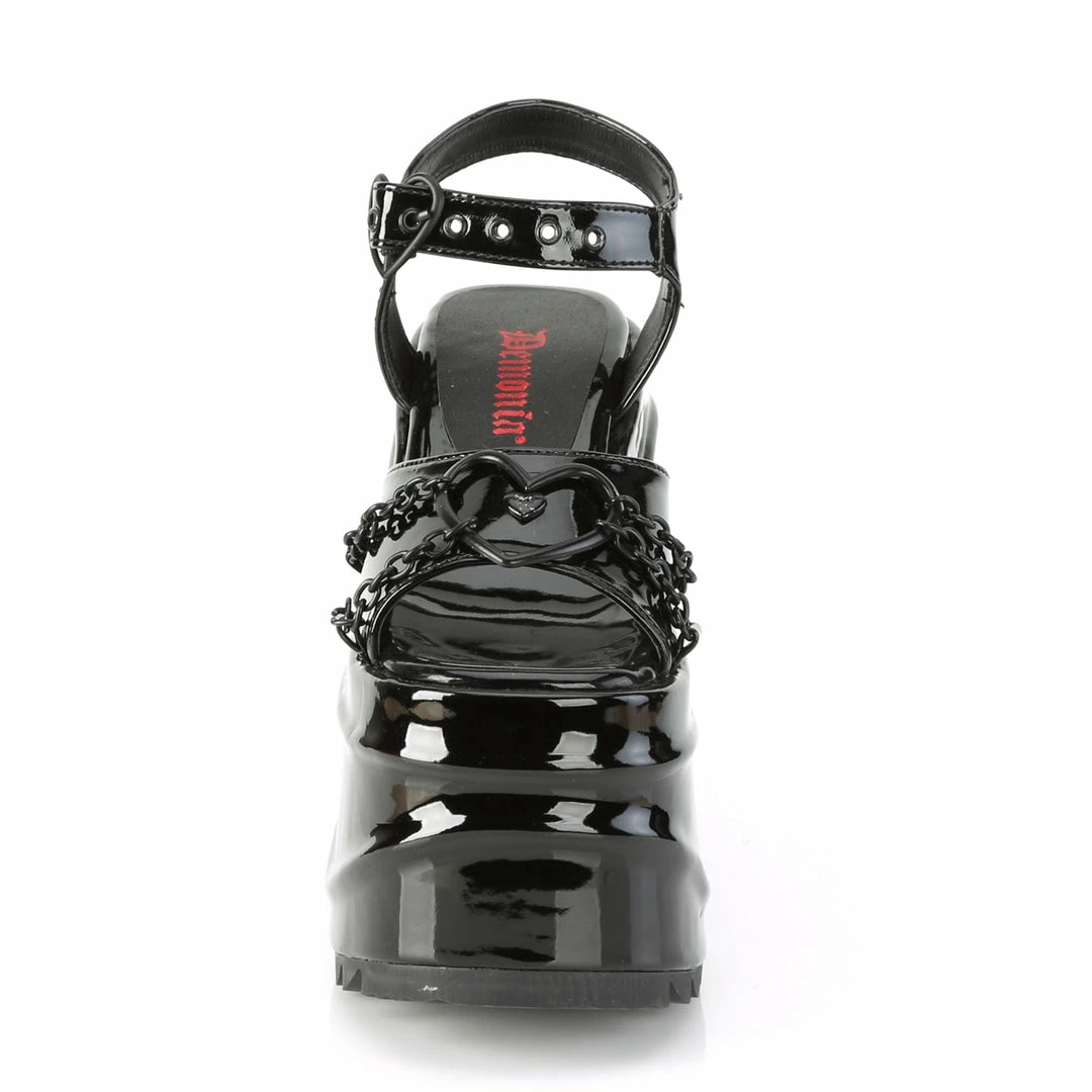 DEMONIA WAVE-09 Black Patent Goth Heart Buckle Chains 6" Platform Sandals Shoes Heels