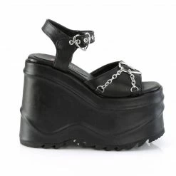 Heels DEMONIA WAVE-09 Black Faux Leather Goth Heart Buckle Chains 6