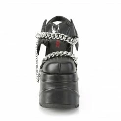 DEMONIA WAVE-20 Black Vegan Leather Goth Bat Shaped Moon Chains Wedge Platforms Heels