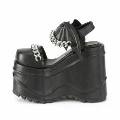 DEMONIA WAVE-20 Black Vegan Leather Goth Bat Shaped Moon Chains Wedge Platforms Heels