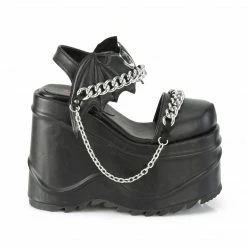DEMONIA WAVE-20 Black Vegan Leather Goth Bat Shaped Moon Chains Wedge Platforms Heels