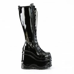 DEMONIA WAVE-200 Black Patent Zipper Detail Goth Platform Knee Boots