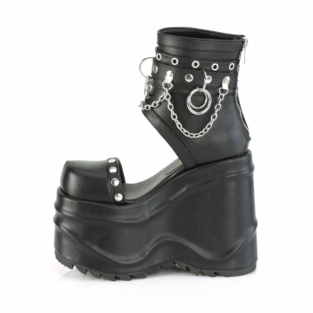 DEMONIA WAVE-22 Black Goth Studded O Ring 6" Wedge Cutout Bootie Platform Shoes Heels