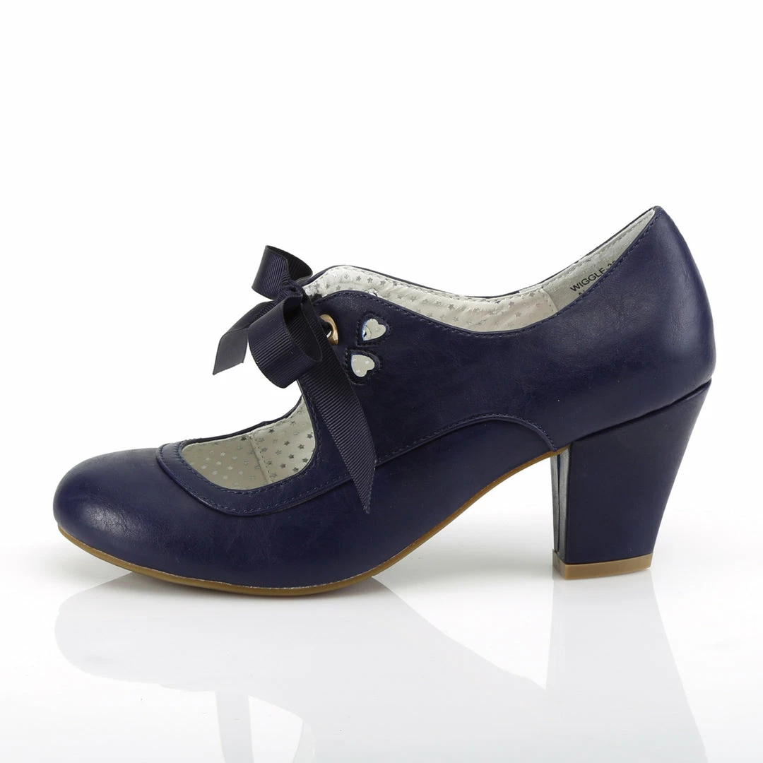 Pleaser PINUP COUTURE WIGGLE-32 Navy Blue Mary Janes Pinup Heart Cutout 2.5" Heels
