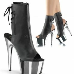 PLEASER Adore-1018 Black Suede Faux Leather Quilted Chrome Open Toe Calf 7