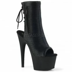 PLEASER Adore-1018 Black Suede Faux Leather Quilted Chrome Open Toe Calf 7
