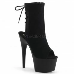 PLEASER Adore-1018 Black Suede Faux Leather Quilted Chrome Open Toe Calf 7