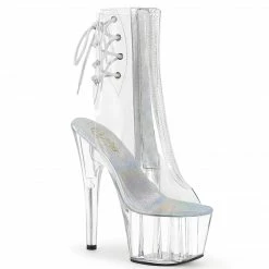 PLEASER Adore-1018C Clear See Through Dancer Open Toe Lace Up Back Calf 7" Boot Boots