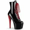 PLEASER Adore-1020 Black & Red Lace Up Zip Dancer Ankle 7" Platform Boots