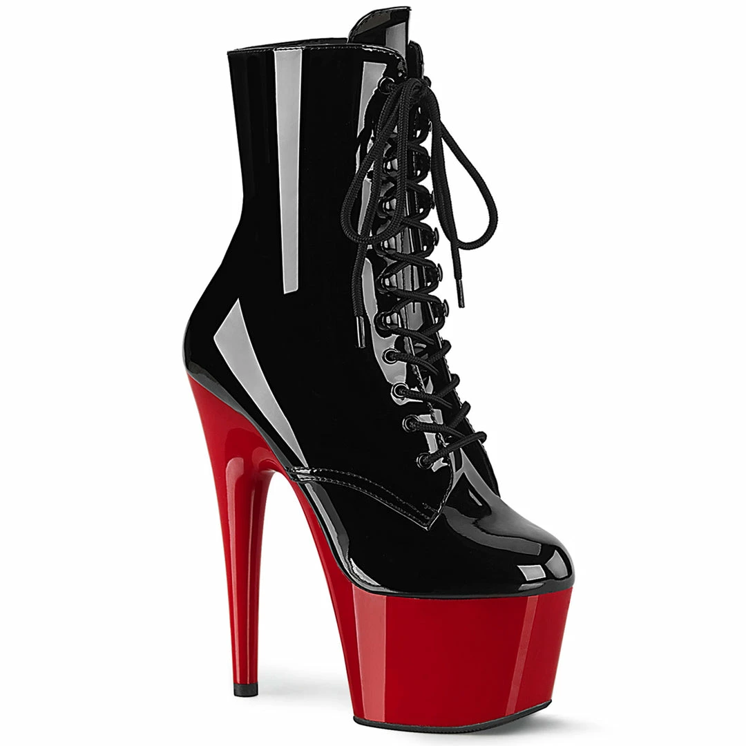 PLEASER Adore-1020 Black Red Lace Up Zip Dancer Ankle 7" Platform Boots