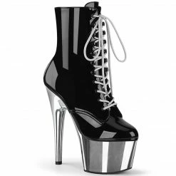 PLEASER Adore-1020 Silver Chrome Lace Up Zip Dancer Ankle 7" Platform Boots
