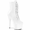 PLEASER Adore-1020 White Patent Lace Up Zip Ankle Calf 7" Platform Boots
