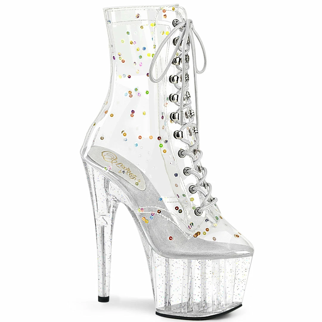 A Shoe Addiction PLEASER Adore-1020C-2 Clear Sequins Glitter See Through Pole Dancer 7" Boots