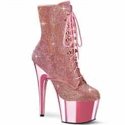 PLEASER Adore-1020CHRS Pink Rhinestone Chrome Burlesque Ankle Platform 7" Boots