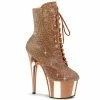 PLEASER Adore-1020CHRS Rose Gold Rhinestone Chrome Burlesque Ankle Platform Boot Boots