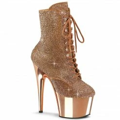 PLEASER Adore-1020CHRS Rose Gold Rhinestone Chrome Burlesque Ankle Platform Boot Boots