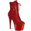 PLEASER Adore-1020CHRS Red Rhinestone Chrome Burlesque Ankle Platform 7" Boots