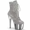 Boots PLEASER Adore-1020CHRS Silver Rhinestone Chrome Burlesque Ankle Platform 7" Boot