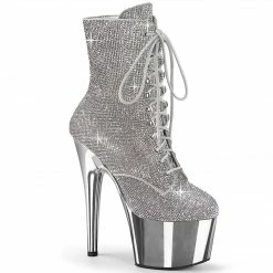 Boots PLEASER Adore-1020CHRS Silver Rhinestone Chrome Burlesque Ankle Platform 7" Boot