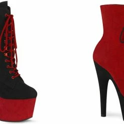A Shoe Addiction PLEASER Adore-1020FSTT Red Black Faux Suede Exotic Pole Dancer 7" Ankle Boots