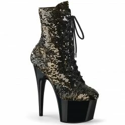 A Shoe Addiction PLEASER Adore-1020SQ Black Gold Flip Reversible Sequins Club 7" Inch Ankle Boots