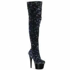 A Shoe Addiction PLEASER Adore-3020 Black Sequins Dancer Burlesque Club Costume 7" Thigh Boots