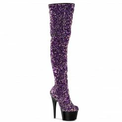 A Shoe Addiction PLEASER Adore-3020 Purple Sequins Dancer Burlesque Club Costume 7" Thigh Boots