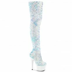 A Shoe Addiction PLEASER Adore-3020 White Sequins Dancer Burlesque Club Costume 7" Thigh Boots
