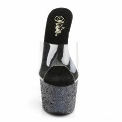 PLEASER Adore-701LG Black Glitter Slides Mules Pole Dance Platforms 7" Heels