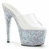 PLEASER Adore-701LG Silver Glitter Slides Mules Pole Dance Platforms 7" Heels
