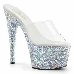PLEASER Adore-701LG Silver Glitter Slides Mules Pole Dance Platforms 7" Heels