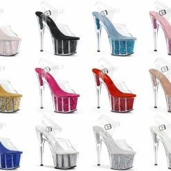 PLEASER Adore-708G Glitter Inserts 7" Stripper Club Ankle Strap Platforms Heels