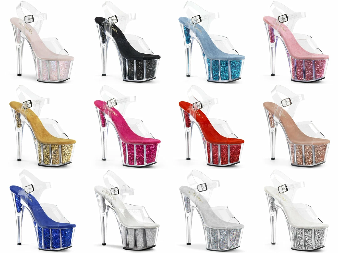 PLEASER Adore-708G Glitter Inserts 7" Stripper Club Ankle Strap Platforms Heels