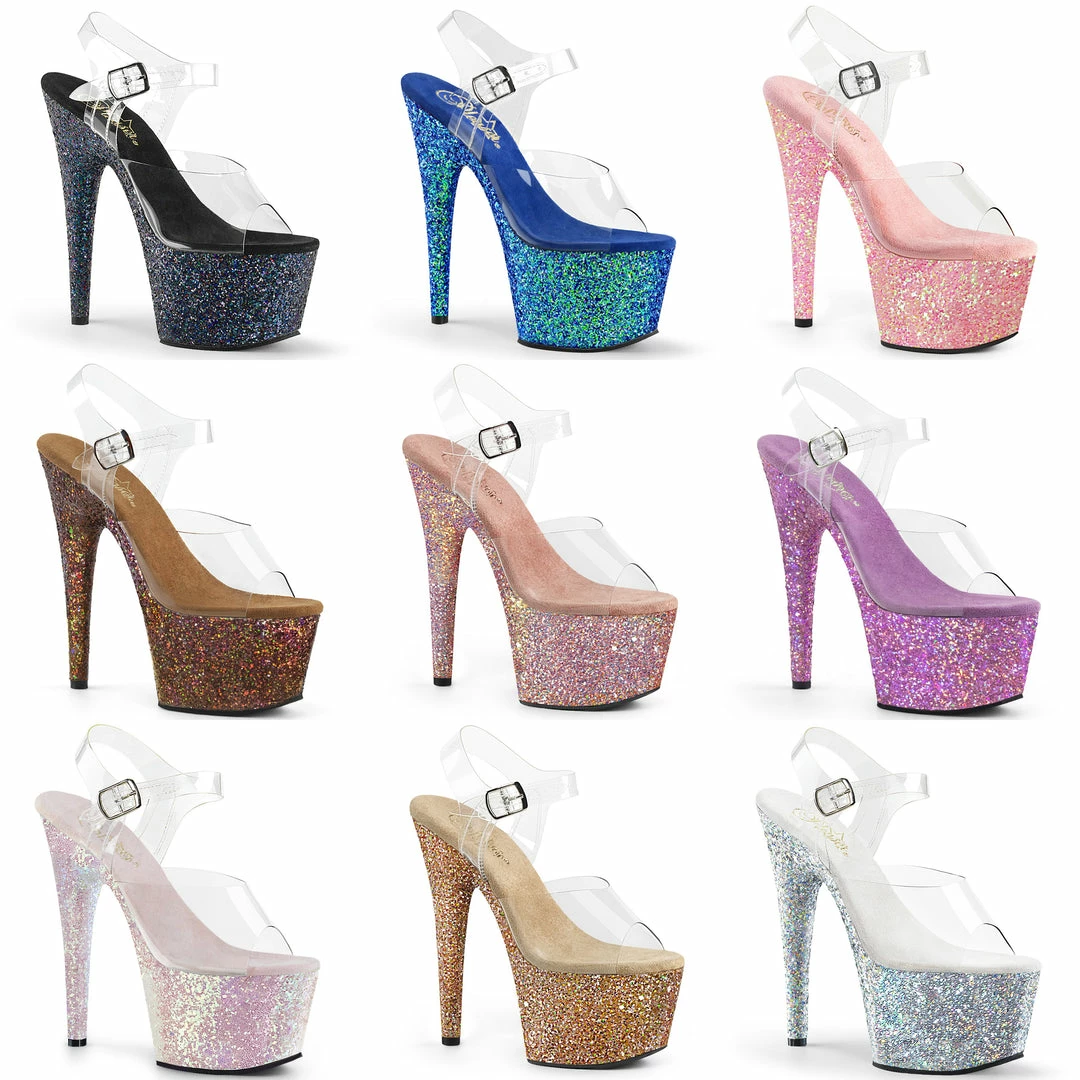 PLEASER Adore-708LG Blue Pink Gold Multi Glitter Stripper Pole Dancer 7" Heels