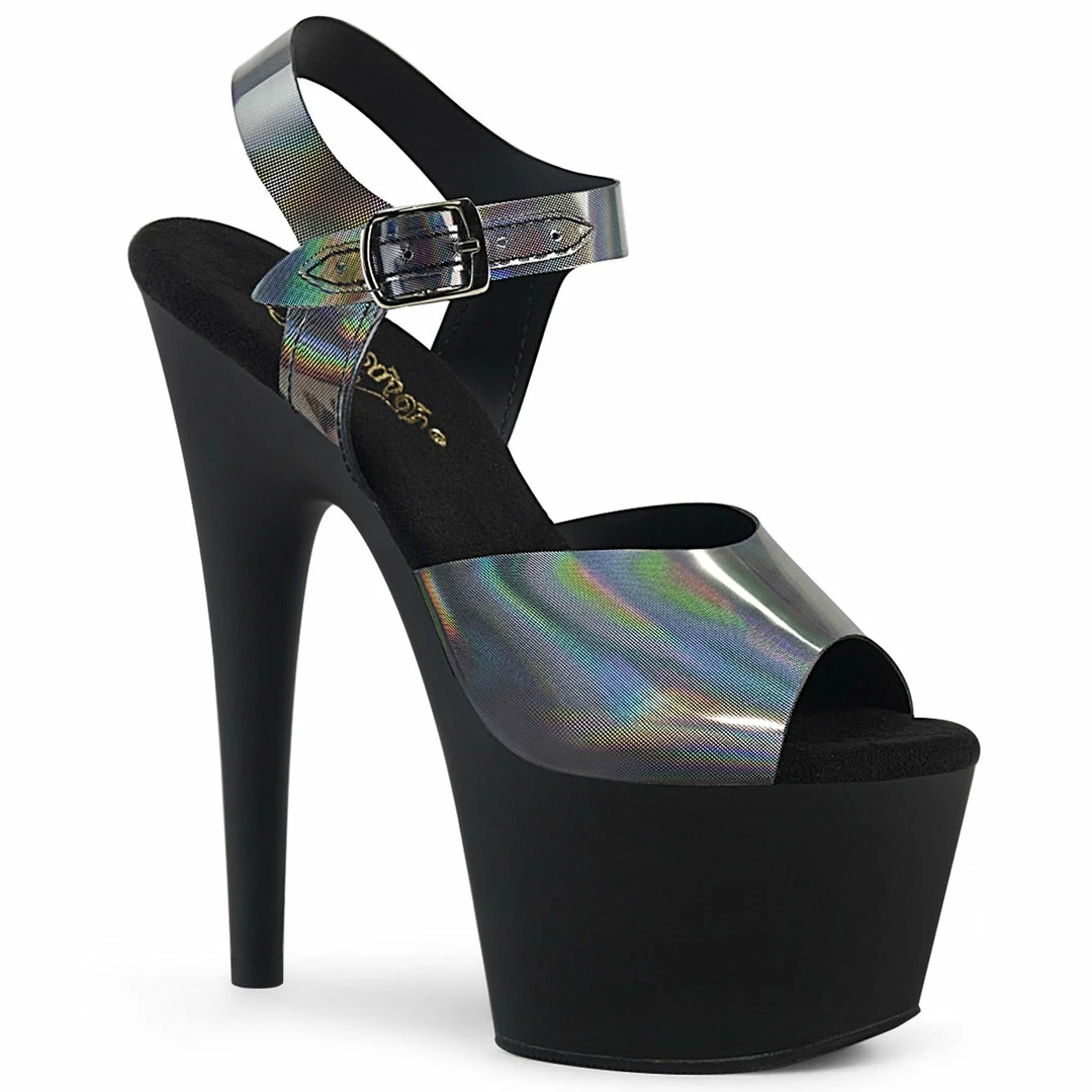 PLEASER Adore-708N-DT Pewter Hologram TPU 7" Ankle Straps Pole Platforms Heels
