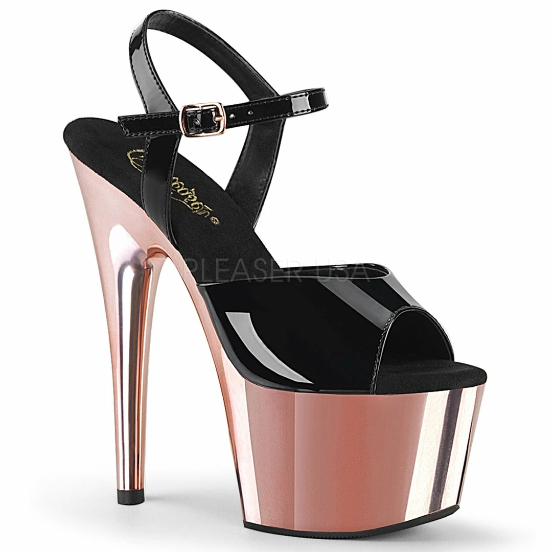 PLEASER Adore-709 Rose Gold Chrome Strap Stripper Pole Dancer Platforms 7" Heels