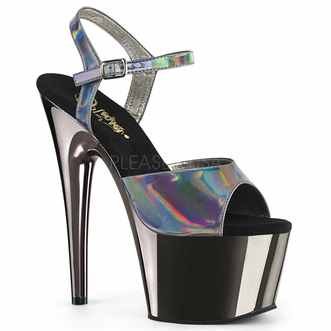 PLEASER Adore-709HGCH Silver Hologram Chrome Sandals Club Platforms 7" Heels