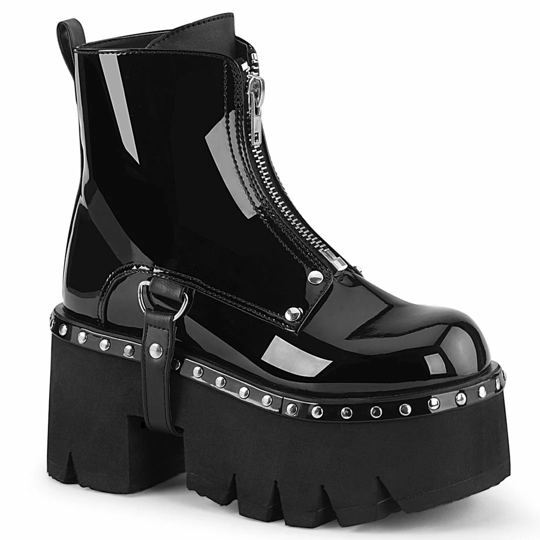 DEMONIA Ashes-100 Women's Black Patent Harness Strap Zipper Ankle Boots