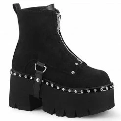 DEMONIA Ashes-100 Women's Black Vegan Suede Harness Strap Zipper Ankle Boots