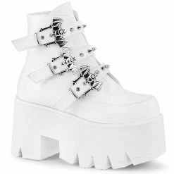 A Shoe Addiction DEMONIA Ashes-55 Women's White Goth Bat Buckle Studded 3.5" Platform Boots