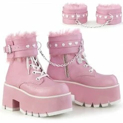A Shoe Addiction DEMONIA Ashes-57 Pink Heart Stud Fur Removeable Strap Chain 3.25" Platform Boot
