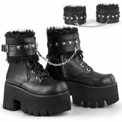 A Shoe Addiction DEMONIA Ashes-57 Black Heart Stud Fur Removeable Strap Chain 3.25" Platform Boot Boots
