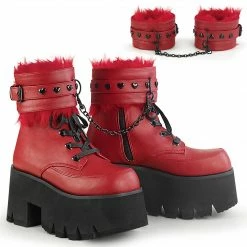 A Shoe Addiction DEMONIA Ashes-57 Red Heart Stud Fur Removeable Strap Chain 3.25" Platform Boot Boots