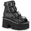 A Shoe Addiction DEMONIA Ashes-70 Black Metal Buckle Studs Goth Peep Toe 3.25" Platform Boots