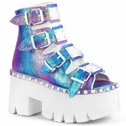 A Shoe Addiction DEMONIA Ashes-70 Purple Iridescent Buckle Studs Goth Peep Toe Platform Boo