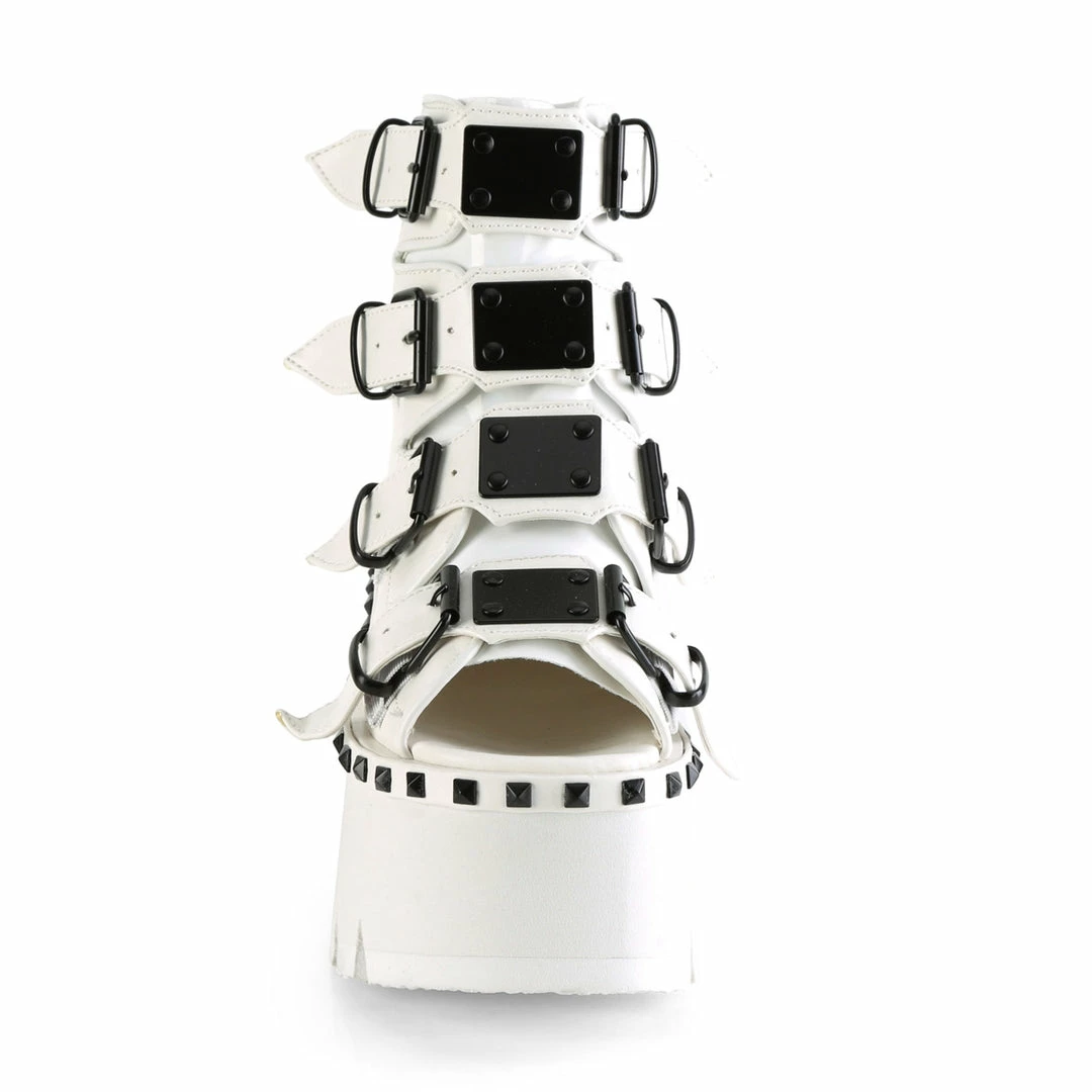 A Shoe Addiction DEMONIA Ashes-70 White Black Buckle Studs Goth Peep Toe 3.25" Platform Boots
