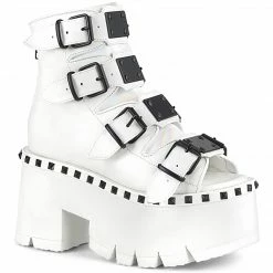 A Shoe Addiction DEMONIA Ashes-70 White Black Buckle Studs Goth Peep Toe 3.25" Platform Boots