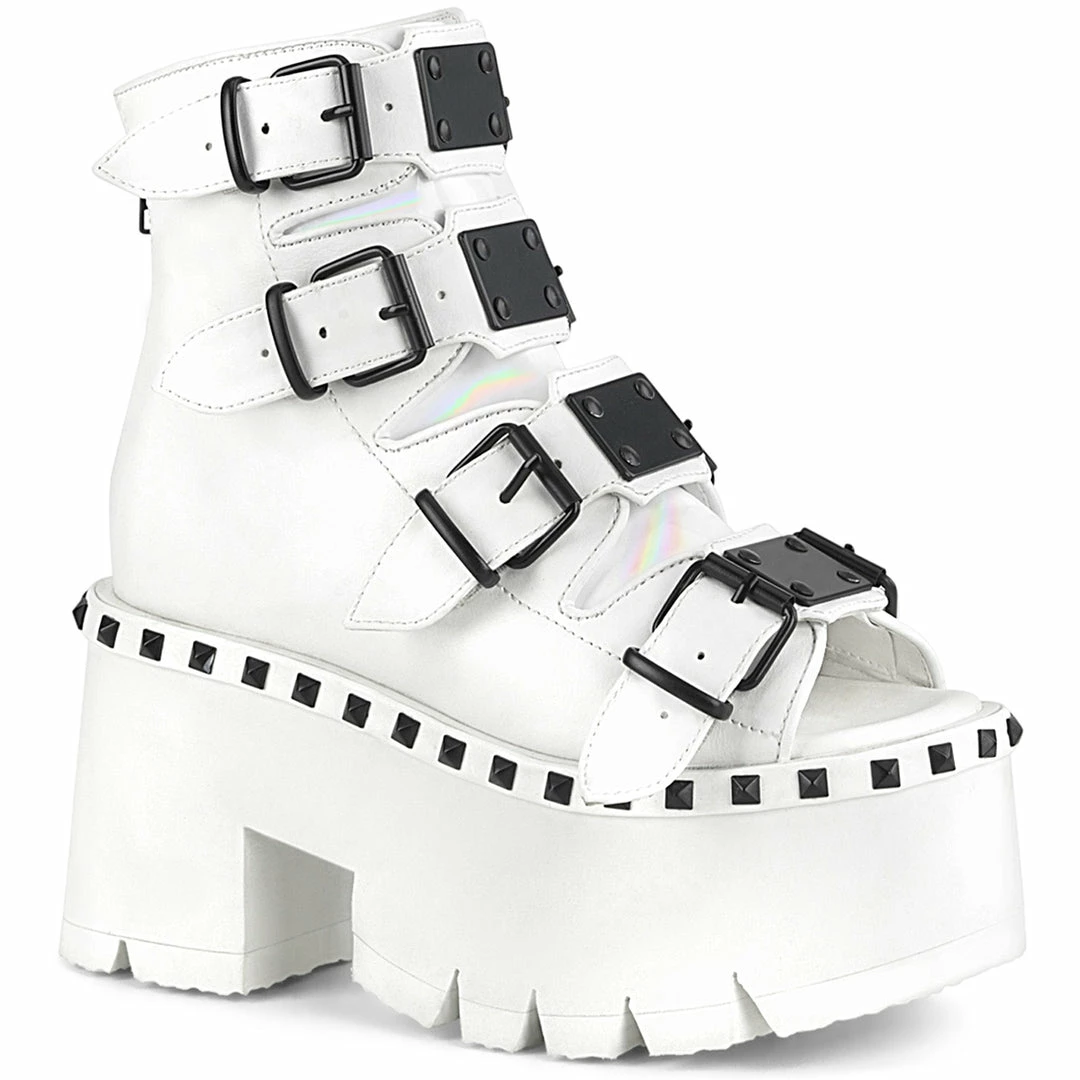 A Shoe Addiction DEMONIA Ashes-70 White Black Buckle Studs Goth Peep Toe 3.25" Platform Boots