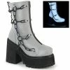 DEMONIA Assault-66 Women's Grey Reflective Goth Cage Chain Combat Platform Boots