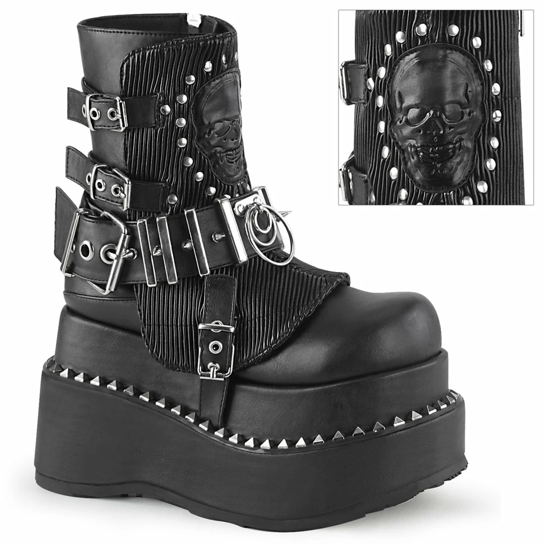DEMONIA Bear-150 Goth Skull Quilted Tiered Studded 4.5" Platform Ankle Boots